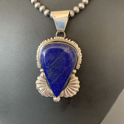Native American Men's Navajo Pearls Necklace Pendant | Sterling Silver Blue Lapis | 1539