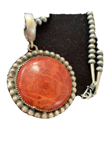 Native American Men's Navajo Red Apple Coral Pendant Necklace | Sterling Silver | 1314