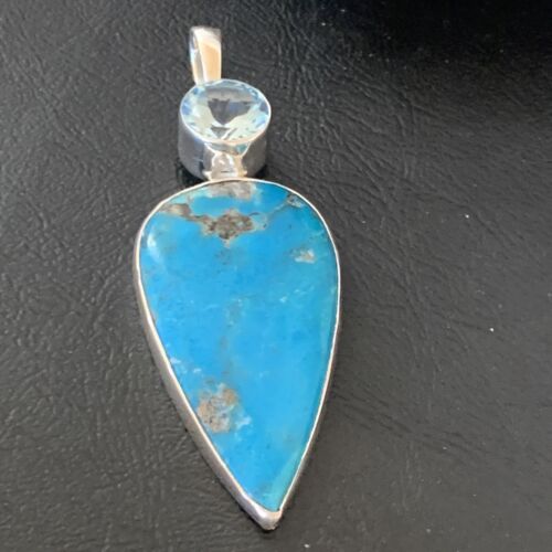 Navajo Sterling Silver Blue Topaz Turquoise Multi-Stone Pendant | Authentic Native American Handmade | 3" | 12025