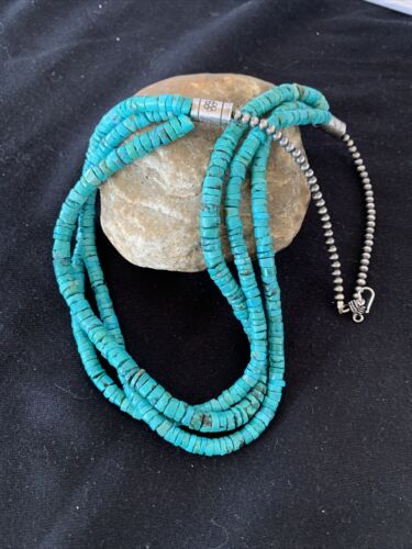 Navajo 3-Strand Turquoise Heishi Necklace | Sterling Silver | 24" | Authentic Native American Handmade | 11776
