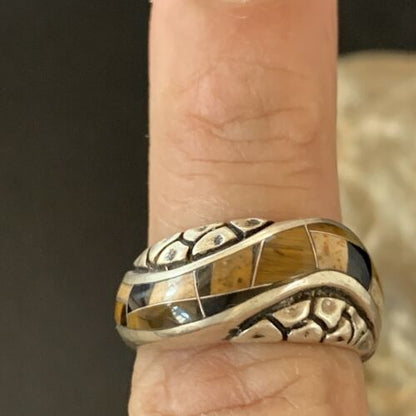 Navajo Black Onyx Coffee Tigers Eye Inlay Ring | Sterling Silver | Sz 6.5 | 10737