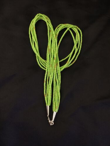 Native American Green Gaspeite Tube Heishi Necklace | 5 Strand | Sterling Silver | 19" | 10258