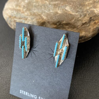 Zuni Blue Turquoise Needle-Point Dangle Post Earrings | Sterling Silver | 0.70" | 12751
