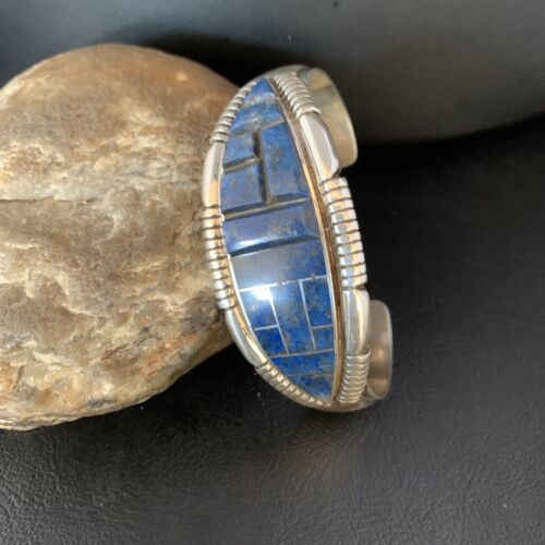 Native American Men's Blue Lapis Inlay Cuff Bracelet | Navajo Sterling Silver | 13709