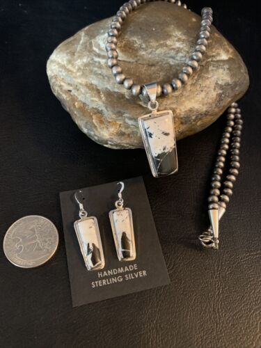 Navajo White Buffalo Turquoise Pendant | Sterling Silver Dangle Earrings | Authentic Native American Handmade | 14099