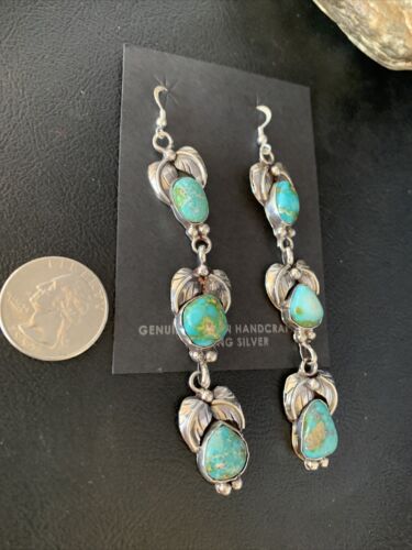 Navajo Green Turquoise Earrings | Sonoran Gold | Sterling Silver | 3 Dangle | Authentic Native American Handmade | 13925