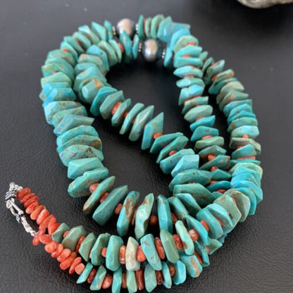 Authentic Navajo Green Turquoise & Spiny Oyster Necklace | Sterling Silver Pendant | 30" | 01852