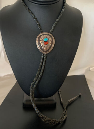 Navajo Turquoise Coral Bolo Tie | Sterling Silver | Authentic Native American Handmade | 1999 Bolo