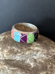 Navajo Multi-Color Blue Turquoise Gaspeite Inlay Sterling Silver Ring | Sz 11 | 14503