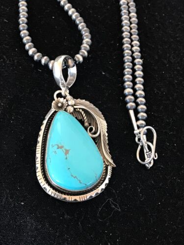 Kingman Turquoise Pendant | Navajo Pearls Sterling Silver Necklace | Authentic Native American Handmade | 8573