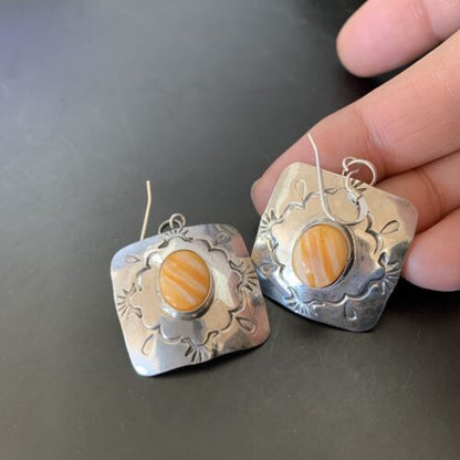 Navajo Sterling Silver Earrings with Gold Orange Spiny Oyster | Authentic Native American Handmade | Set2076