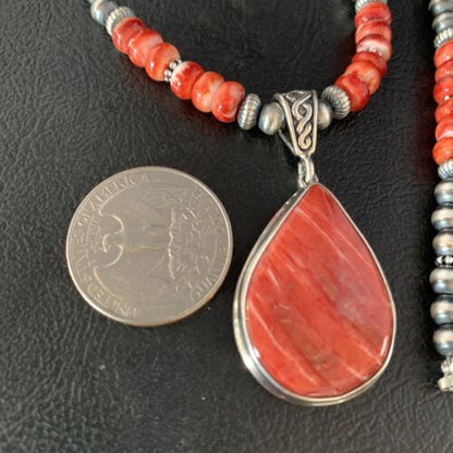 Navajo Red Spiny Oyster Necklace | Sterling Silver Pendant | Men's Women's | Authentic Native American Handmade | 13814