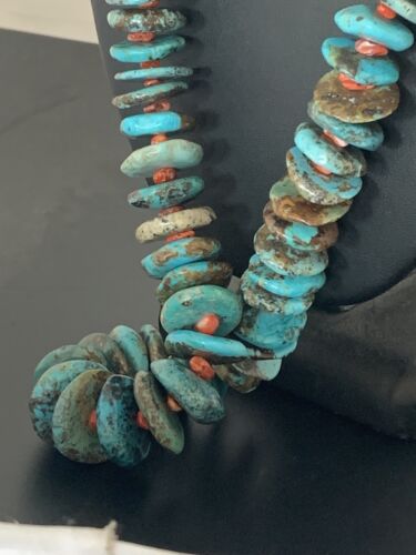 Navajo Pearls Natural Blue Turquoise & Spiny Oyster Necklace | Sterling Silver | Graduated | Authentic Native American | 28" | 00381