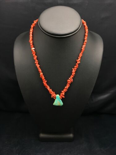 Native American Turquoise and Coral Pendant Necklace | Brass Old Pawn | 19" | 4007