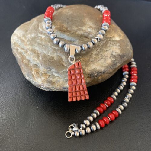 Native Navajo Sterling Red Coral Corn Inlay Necklace Pendant 21" 12583