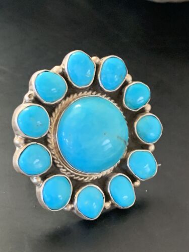 Navajo Blue Kingman Turquoise Cluster Ring | Authentic Native American Sterling Silver | Multi-Stone | Sz 7.5 | 11529