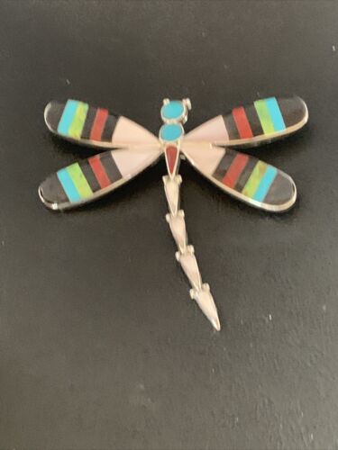 Zuni Coral Turquoise Inlay Dragonfly Necklace Pin Pendant | Sterling Silver | Native American Handmade | 11891