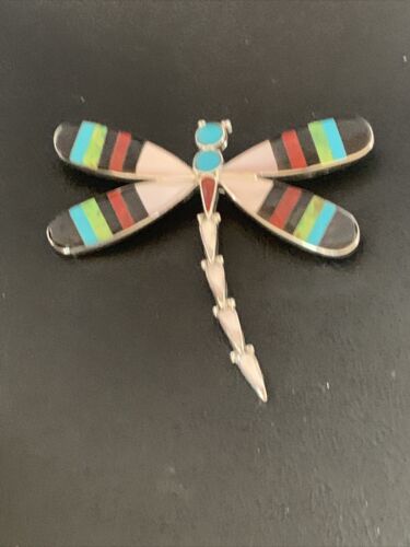 Zuni Coral Turquoise Inlay Dragonfly Necklace Pin Pendant | Sterling Silver | Native American Handmade | 11891