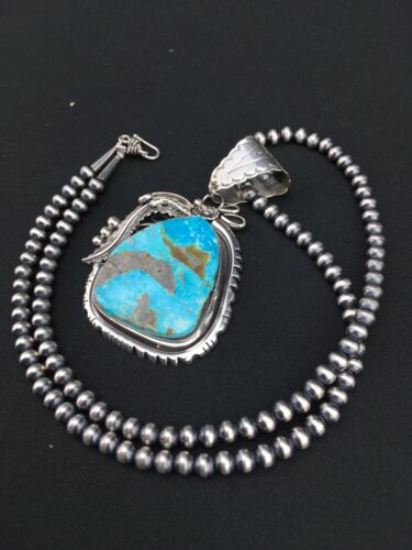 Navajo Pearls Kingman Turquoise Pendant Necklace | Sterling Silver | Native American Handmade | 4819