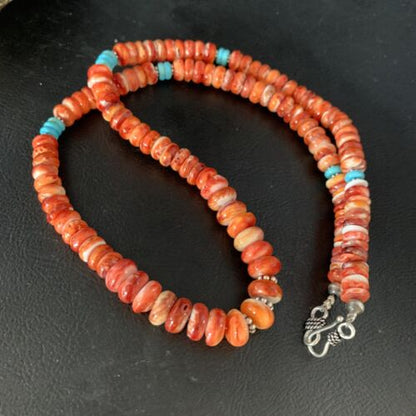 Navajo Turquoise & Red Spiny Oyster Graduated Necklace | Sterling Silver | Authentic Native American | 22" | 13516