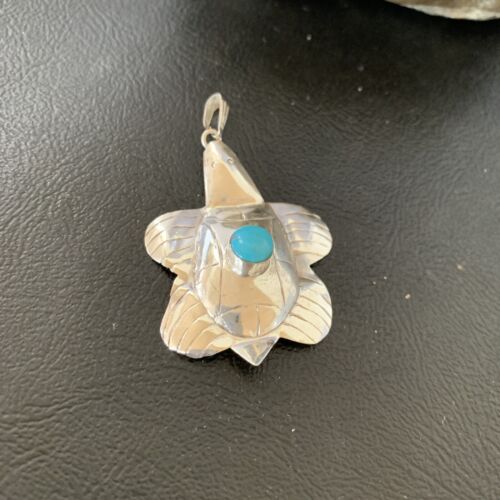 Navajo Blue Turquoise Turtle Pendant | Sterling Silver | Authentic Native American Handmade | 12804