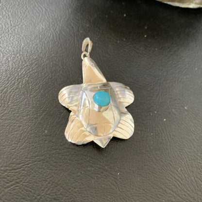 Navajo Blue Turquoise Turtle Pendant | Sterling Silver | Authentic Native American Handmade | 12804