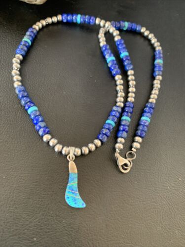 Men's Navajo Blue Lapis Turquoise Opal Inlay Pendant Necklace | Sterling Silver | 22" | 13386