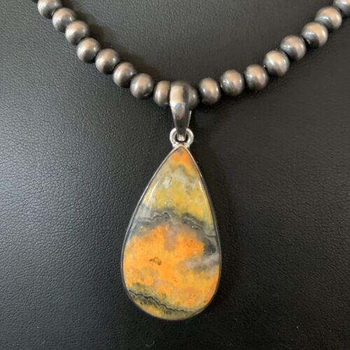Navajo Yellow Bumblebee Jasper Pendant Necklace | Sterling Silver | Authentic Native American Handmade | 12807
