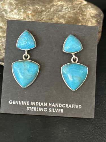 Navajo Blue Turquoise Dangle Earrings | Sterling Silver | 1" | Authentic Native American Handmade | 14771