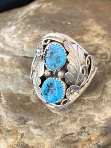 Native Navajo Kingman Turquoise Ring 2 Stone Sterling Silver Sz 11 14178