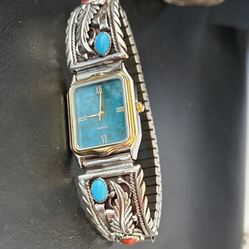 Authentic Navajo Men's Watch Tips Band | Turquoise Coral Feather | Sterling Silver | Native American Jewelry | 14312