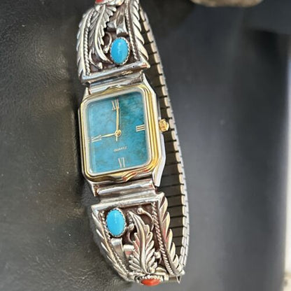 Authentic Navajo Men's Watch Tips Band | Turquoise Coral Feather | Sterling Silver | Native American Jewelry | 14312