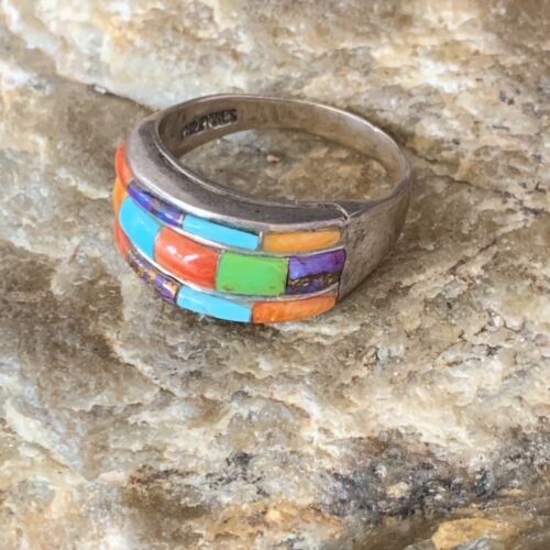 Navajo Multi-Color Turquoise Spiny Oyster Corn Inlay Ring | Sterling Silver | Sz 5.5 | 13853