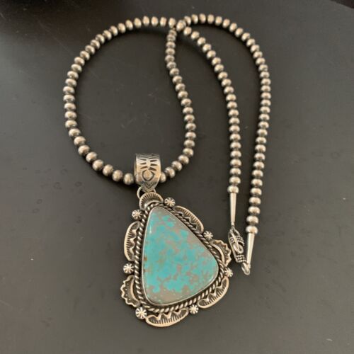 Navajo Pearls Sterling Silver Necklace with Blue Turquoise #8 Pendant | Authentic Native American Handmade | 11311