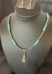 Navajo Blue Turquoise Pendant Earrings Set | Authentic Native American Sterling Silver Necklace | Handmade | 12618