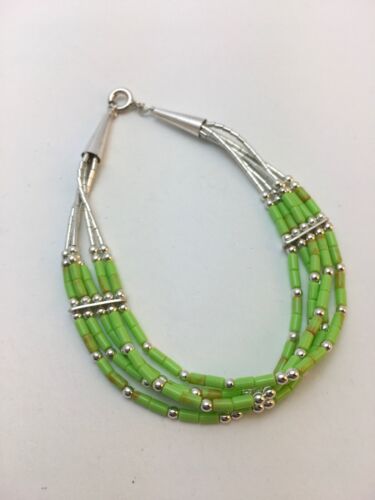 Handmade Liquid Silver Green Gaspeite Heishi Bracelet | Sterling Silver | 5-Strand | 7" | 13606