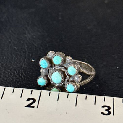 Zuni Blue Turquoise Cluster Ring | Authentic Native American Sterling Silver | Multi-Stone | Sz 7.5 | 14727