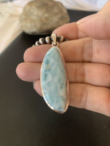 Navajo Blue Larimar Pendant Bead Necklace | Sterling Silver | Authentic Native American Handmade | 1761