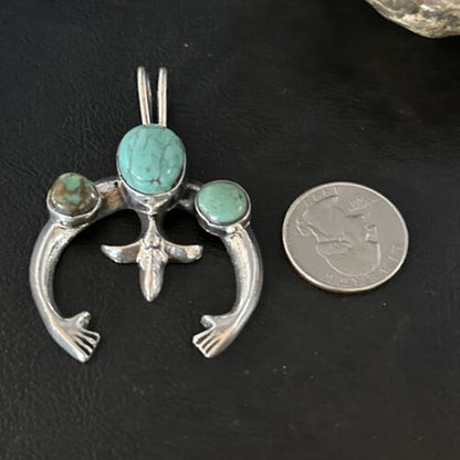 Navajo Sterling Silver Blue #8 Turquoise Naja Pendant | Authentic Native American Handmade | 14667