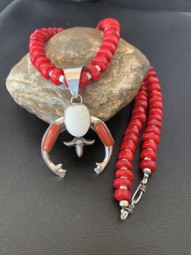 Navajo White Buffalo Turquoise Coral Naja Pendant | Sterling Silver | Authentic Native American Handmade | 10517