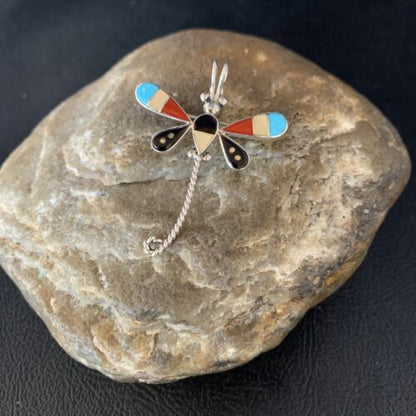 Zuni Turquoise Mother of Pearl Inlay Dragonfly Necklace Pin Pendant | Sterling Silver | 12321