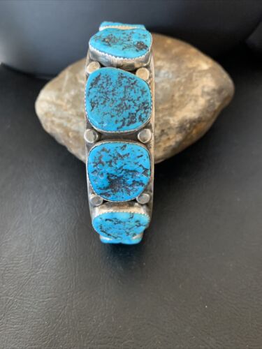 Navajo Sterling Silver Blue Kingman Turquoise Cuff Bracelet | 6 Stone | Authentic Native American Handmade | 12166