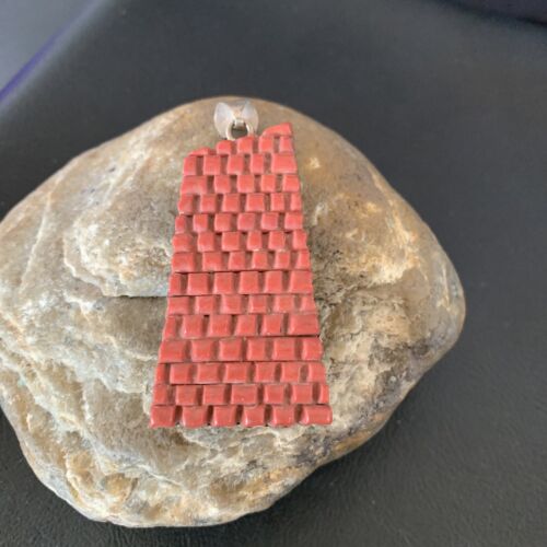 Vintage Zuni Red Coral Corn Pendant | Sterling Silver | 2.5" | Authentic Native American Handmade | 12089
