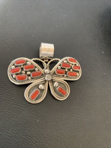 Navajo Red Coral Butterfly Pendant | Authentic Native American Sterling Silver | Multi-Stone | 1.5" | 1998