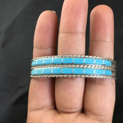 Navajo Blue Turquoise Inlay Cuff Bracelet | Sterling Silver | Authentic Native American Handmade | 1974
