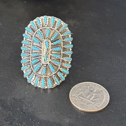Zuni Blue Turquoise Cluster Ring | Authentic Native American Sterling Silver | Multi-Stone Needle Point | Sz 10 | 14566