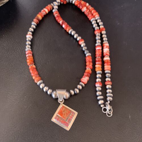 Navajo Red Spiny Oyster Opal Inlay Bead Necklace Pendant | Sterling Silver | Authentic Native American Handmade | 12723