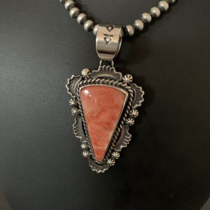 Navajo Red Spiny Oyster Pendant with Sterling Silver Pearls Necklace | Authentic Native American Handmade | 01657