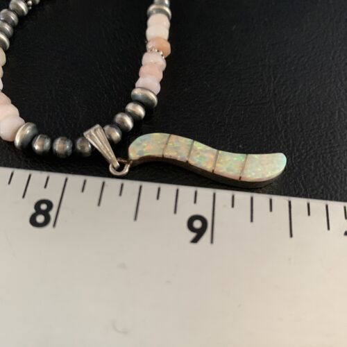 Navajo Pink Opal Beads Necklace Multi-Stone Mother of Pearl Inlay Pendant | Sterling Silver | 13458