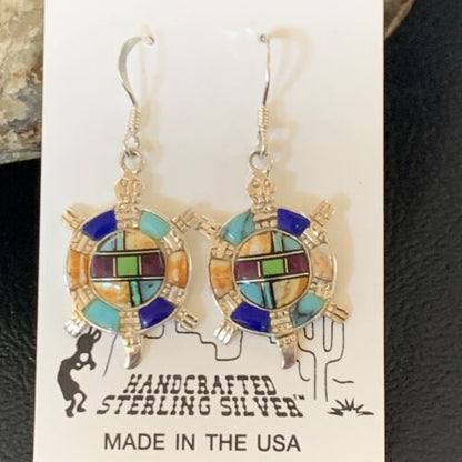 Navajo Turquoise Spiny Opal Inlay Sterling Silver Turtle Earrings | 0.5" | Handmade | 12014